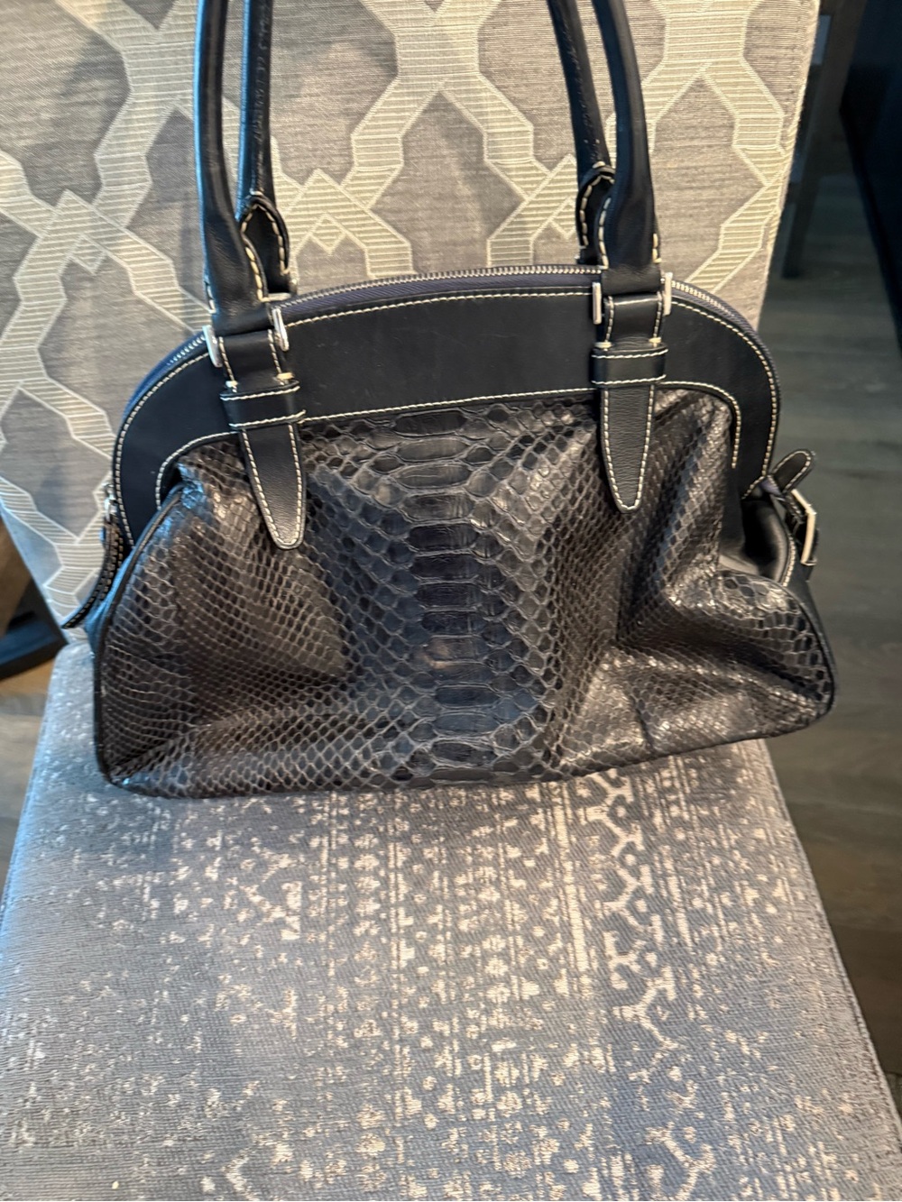 Valentino Orlandi Black Snake-Embossed Leather Satchel